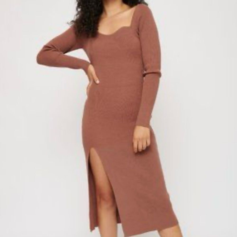 M Sweetheart Neck Ribbed Brown Long Sleeve Midi Bodycon Dress